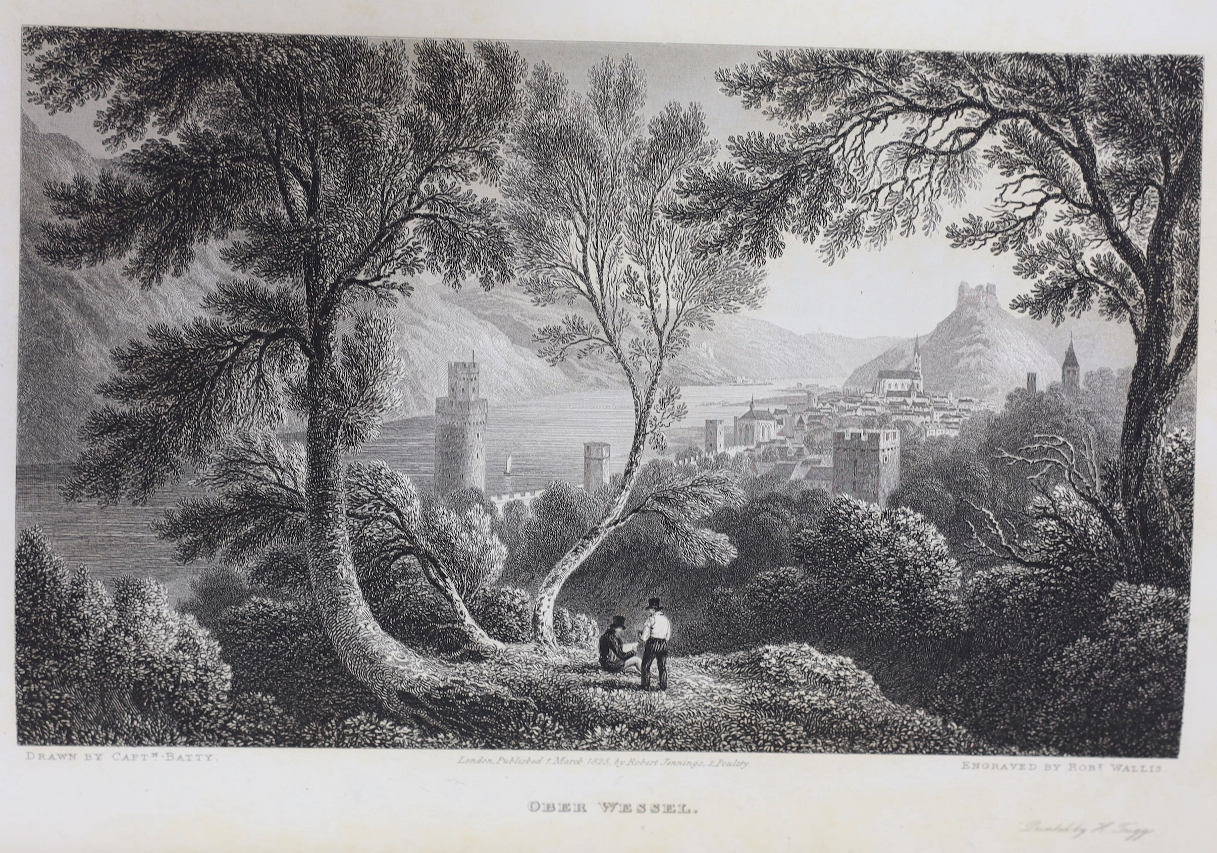 Batty, Captain Robert - Scenes of the Rhine, Belgium and Holland....pictorial engraved title, 59 (ex60) engraved plates and a pictorial vignette, rebound half leather and marbled boards, 4to. 1826